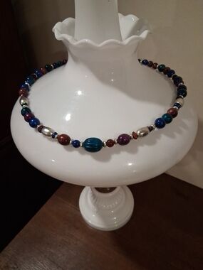 Multicolor Beaded Necklace with Teal, Blue and Silver Accents